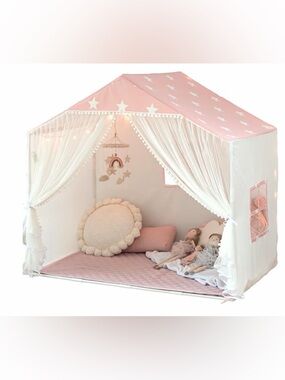 Kids Pink Play Tent Princess House Star Print Indoor Playhouse w Mat